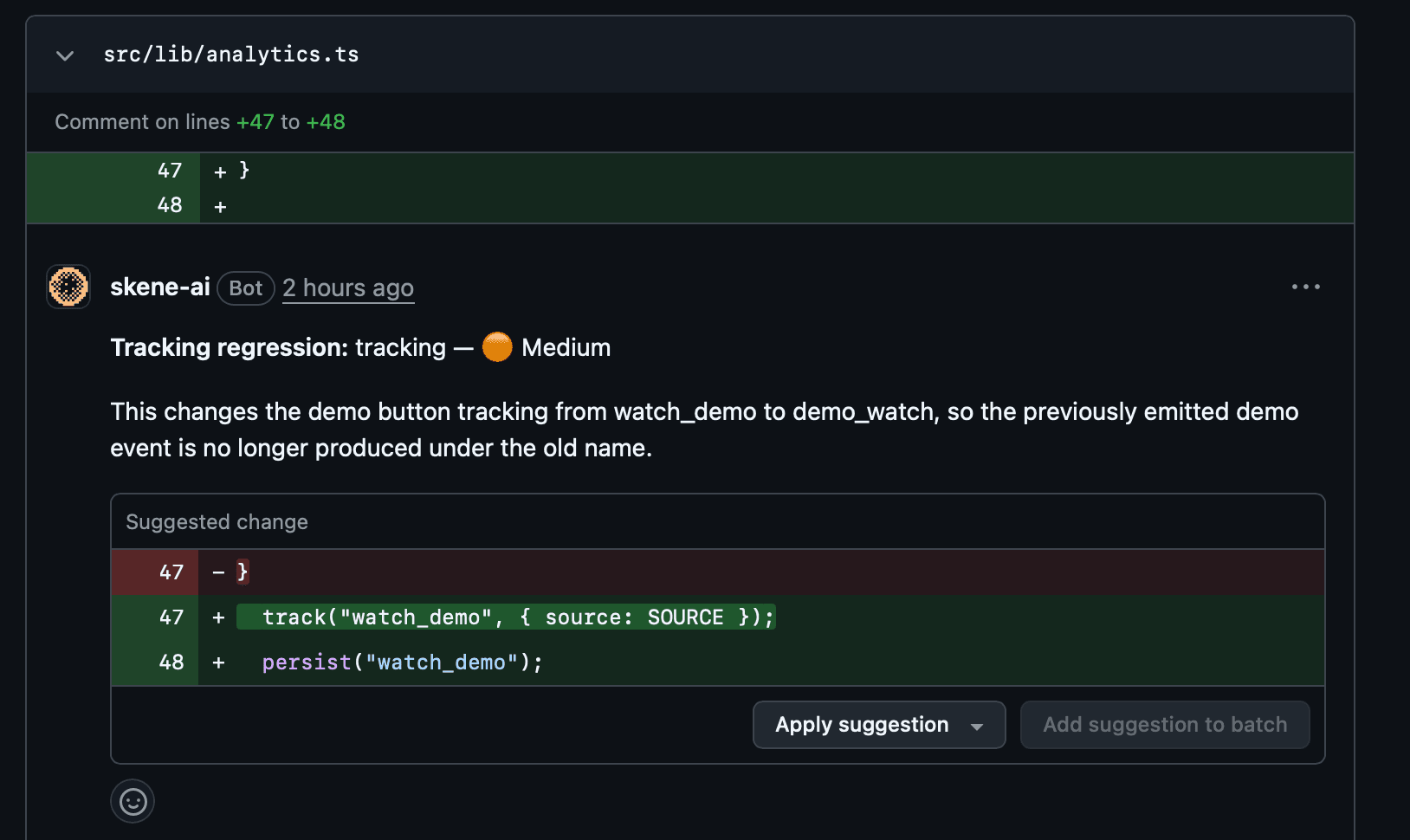 Skene's GitHub bot commenting on a pull request. It flags a tracking regression in src/lib/analytics.ts where a watch_demo event was renamed to demo_watch and offers a suggested change to restore the original event name.